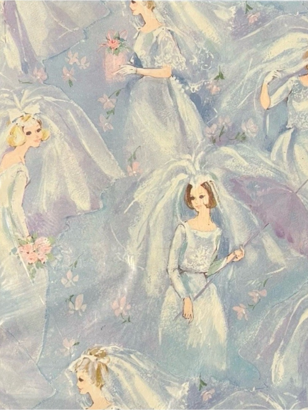 Vtg Hallmark Bridal Shower Wrapping paper Mid Century Wedding Pastel Blue
